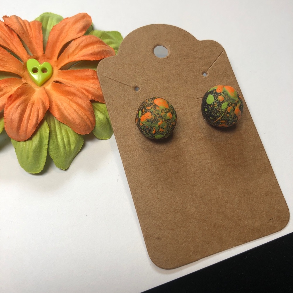 Paint Splatter Ball Stud Earrings (Green & Orange)